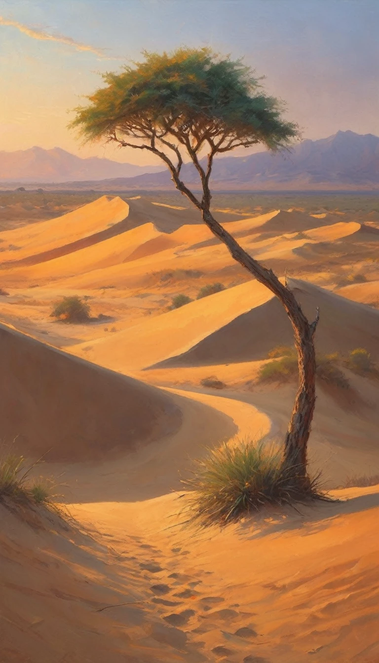 In an arid desert, the scorching sun paints the sky orange as undulating sand dunes stretch into infinity. A single lone palm tree provides shade, where Hagar and her son Ishmael seek shelter, representing the story of Genesis 16.
