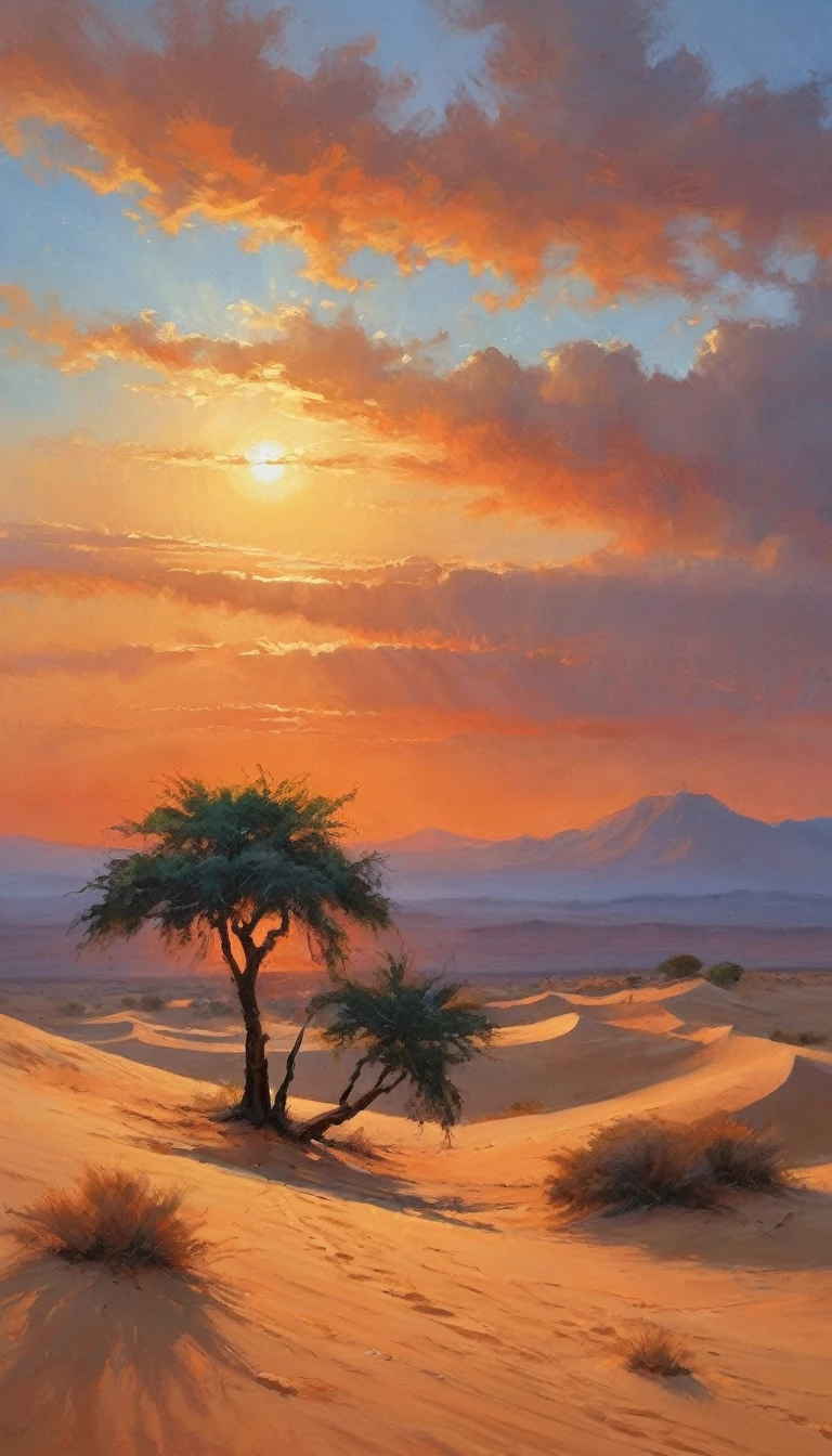 In an arid desert, the scorching sun paints the sky orange as undulating sand dunes stretch into infinity. A single lone palm tree provides shade, where Hagar and her son Ishmael seek shelter, representing the story of Genesis 16.