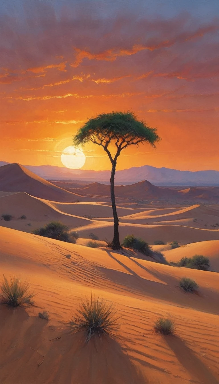In an arid desert, the scorching sun paints the sky orange as undulating sand dunes stretch into infinity. A single lone palm tree provides shade, where Hagar and her son Ishmael seek shelter, representing the story of Genesis 16.