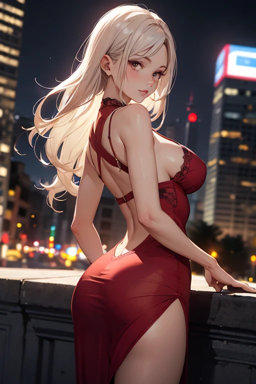 masterpiece, best quality, shadows, dynamic angle, front view, perfect hands, perfect legs, perfect anatomy, pretty face, mature features, 1 girl, 21 years old, mature woman, sexy red dress, city night background, white long hair, thighs, ass, breast, seductive, spicy, posing, cinematography lights,