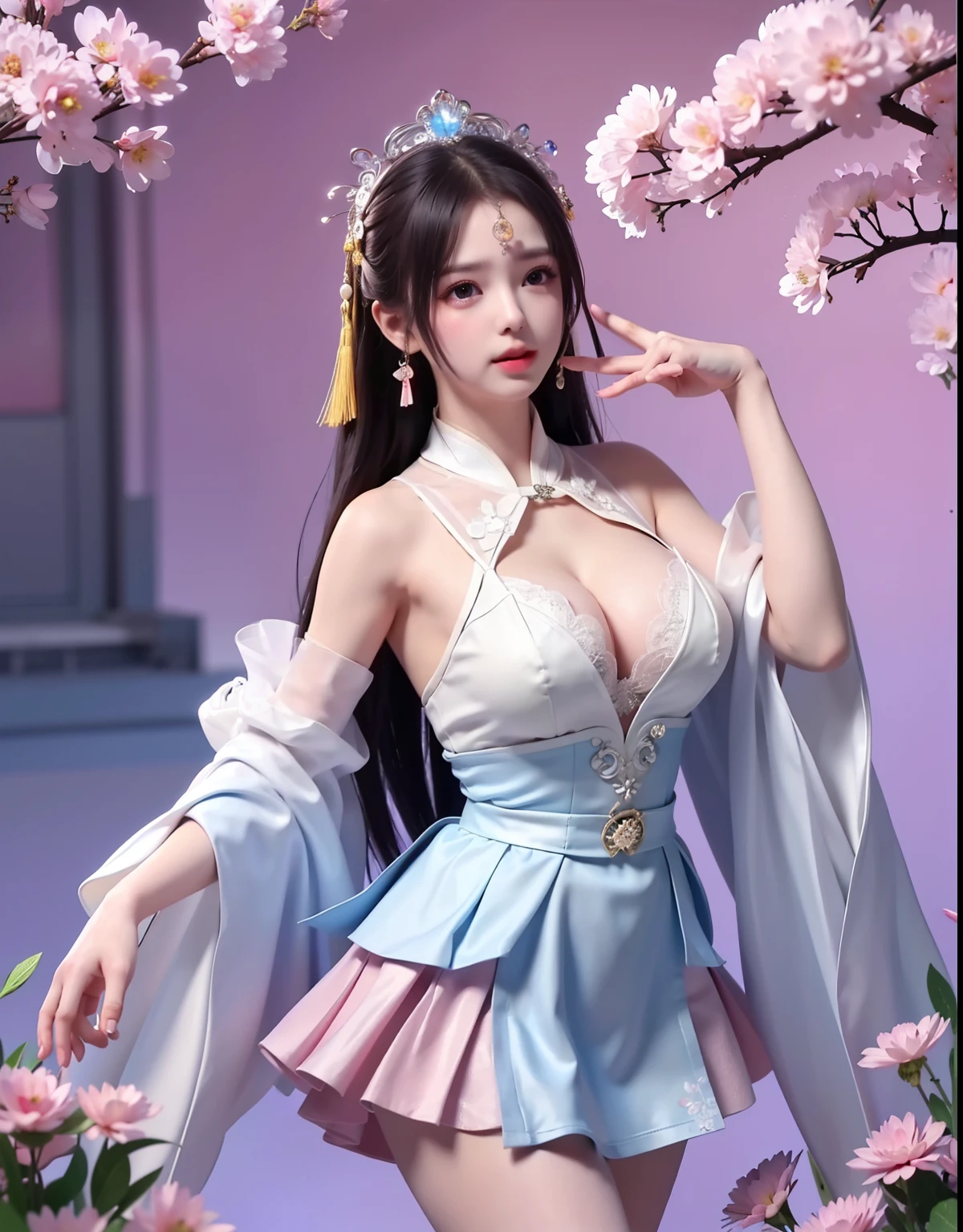 (8k, RAW photo:1.2), best quality, ultra high res,dramatic angle,(fluttered detailed color splashs), (illustration),(((1 girl))),(long hair),(rain:0.9), (Headdress:1.4),There is an ancient palace beside the girl,Hanfu,(Key Points),Color ink painting,(Splash of Color),Splash of Color,(((colorful))),(sketch:0.8) , Masterpiece, best quality, beautiful painted, highly detailed,(denoising:0.6),[splash ink],((ink refraction)), (beautiful detailed sky),moon,highly,detaild,(masterpiece, best quality, extremely detailed） CG Unity 8k Wallpaper，masterpiece，best quality，Ultra Detailed），（Lycoris）.shoulder ballet dress open V-chested clothes Thin silk lace dress short skirt , (huge ，cleavage),, white pink, blue ，best qualtiy，tmasterpiece，Ultra-high resolution，（Reality：1.4），RAW photogr，（True skin texture：1.3），（filmgrain：1.3），（Selfie angle），1个Giant Breast Girl，Beautiful eye and face details，tmasterpiece，Best quality at best，，The chest more exposed， detailed hair, bra pink , detail 8k, full body, lace petticoat, fan handle