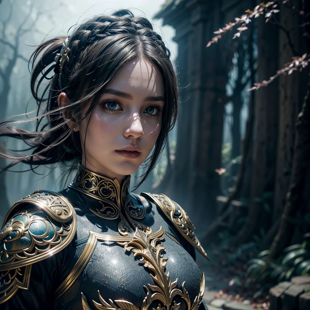 A beautiful woman in intricate nightingale armor, extremely detailed eyes and face, longeyelashes, detailed feathers and scales on the armor, cinematic lighting, dramatic shadows, mist, fantasy landscape, epic, (best quality,4k,8k,highres,masterpiece:1.2),ultra-detailed,(realistic,photorealistic,photo-realistic:1.37),cinematic,dramatic lighting,volumetric fog,intricate details,fantasy art,concept art