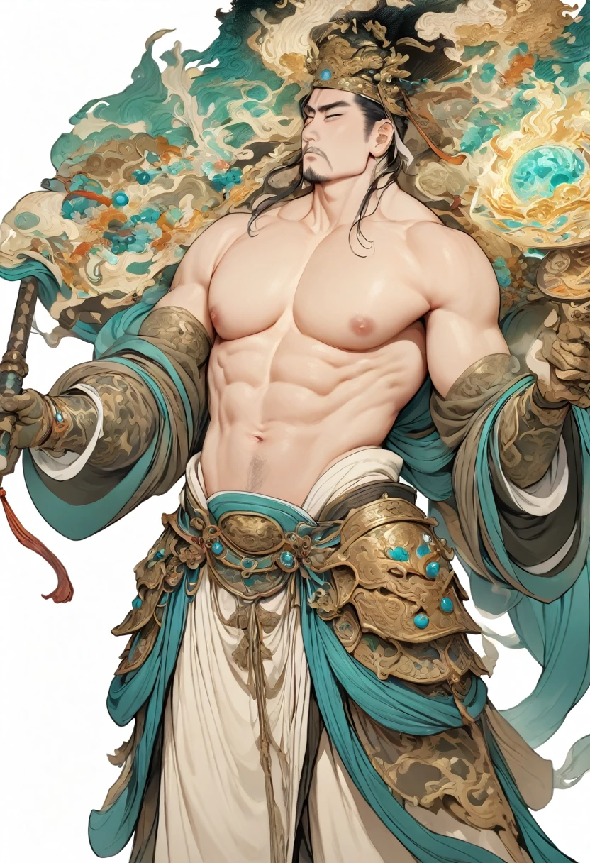 (masterpiece, best quality:1.2), bite_style,1 person,White background，handsome strong young man，topless，Wearing many Chinese jewelry and decorations，armor，manly，Sexy
