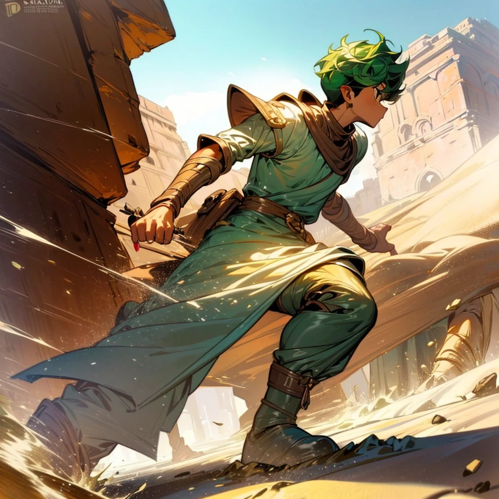 1boy, Full body version, 1character, (sand wanderer), brown eyes color, dark skin, (Curly cut hairstyle), small eyes type, green colour hair, doctor ancient roman clothing style, white color clothing, dark green robe, Ancient roman boots, armor vest, sands in two hand, Grassroots background in desert, (battle, battle gesture, battle poses, view character on small, He a sand wanderer, he controls sand with his hands, he fights enemies with sand, enemies, bandits, Fighting, intense battles, fighting in desert, Dynamic Pose, Motion Blur, emphasis lines, sparks, plasma, aura)