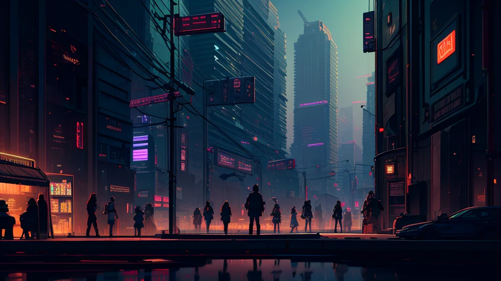 Please create a detailed map for a tabletop RPG with a futuristic and cyberpunk setting. The map should include a large city with towering skyscrapers and neon signs, bustling streets with flying vehicles, industrial areas with automated factories, and some darker, more run-down neighborhoods. Also, include a central zone that serves as a meeting point or market where characters can interact and trade. The atmosphere should be technological, with touches of dystopia and high technology present in all aspects of life