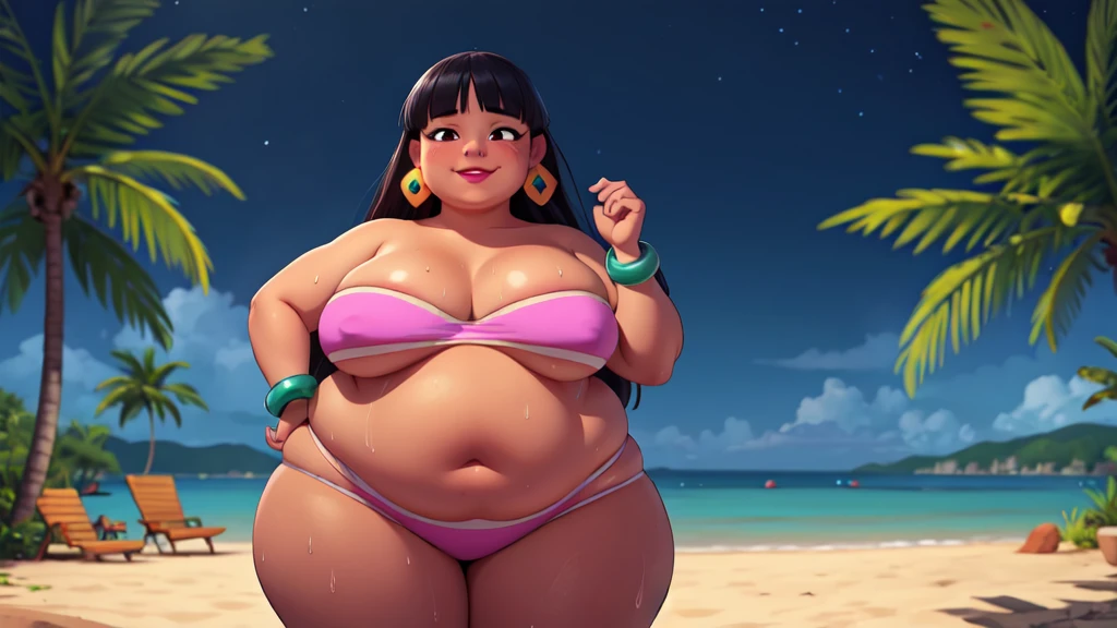 (work of art:1.2, best qualityer:1.2, dark ambient:1.1), SSBBW, Giant breasts, thunder thighs, soft, 1 girl, standing alone, Chel, Bblack hair, long hair, hombus stripe, eyes browns, darkskin, lipstick, breasts big, Broad Hips, top of the tube, neckleace, bared shoulders, emerald earrings, emerald bracelets, looking at the camera with a smug expression on his face, beach background, very large body, fat belly rolls, big breasts, sexy smile, fat arms, thunder thighs, super fat, looking at viewer, wet clothes, sweating very hard, sexy looking, blob, night beach, céu estrelado, night, very dark ambient, pov, sexy ambient