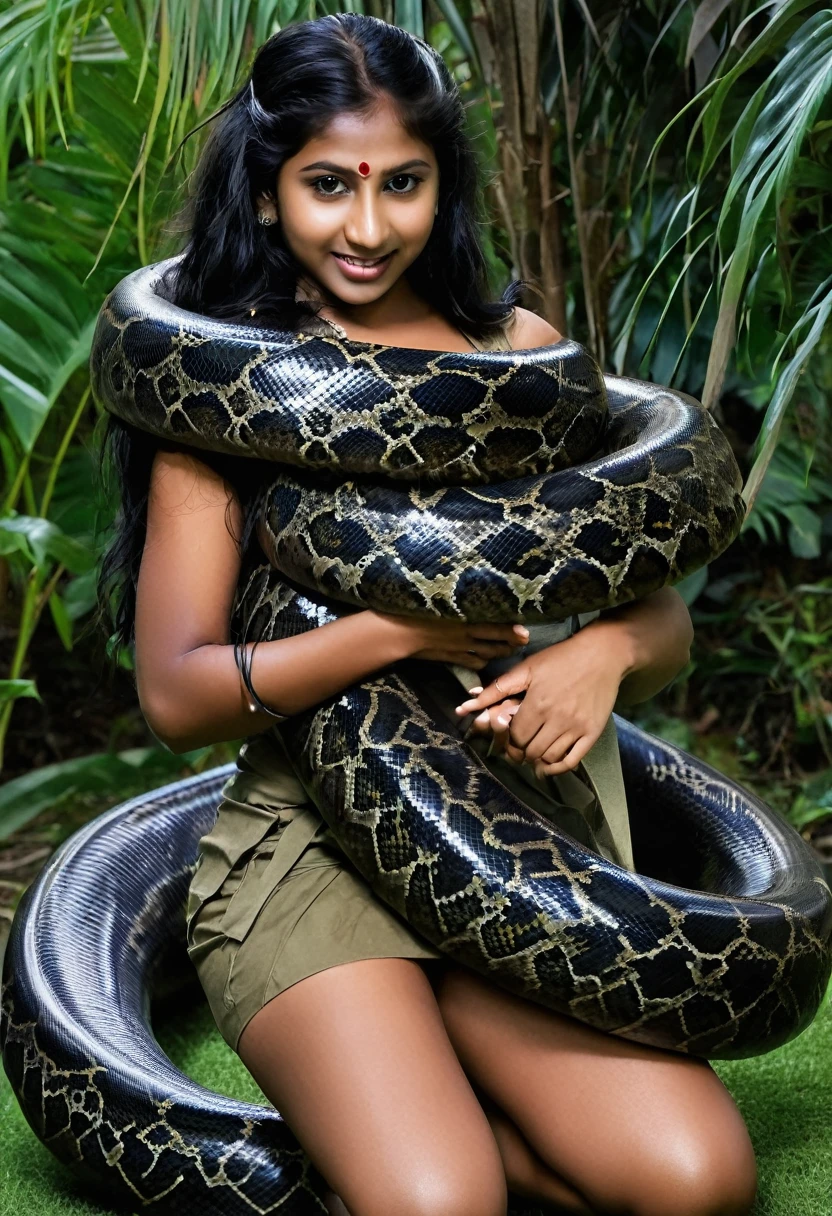 Happy Horny, aroused 1girl), beautiful kneeling Indian young stripper with giant colossal black titanboa squeezing her hard, wrapped in thick spiraling coils, constricted, struggle, gasping for air, snake attack, snake peril, moonless night, dim light