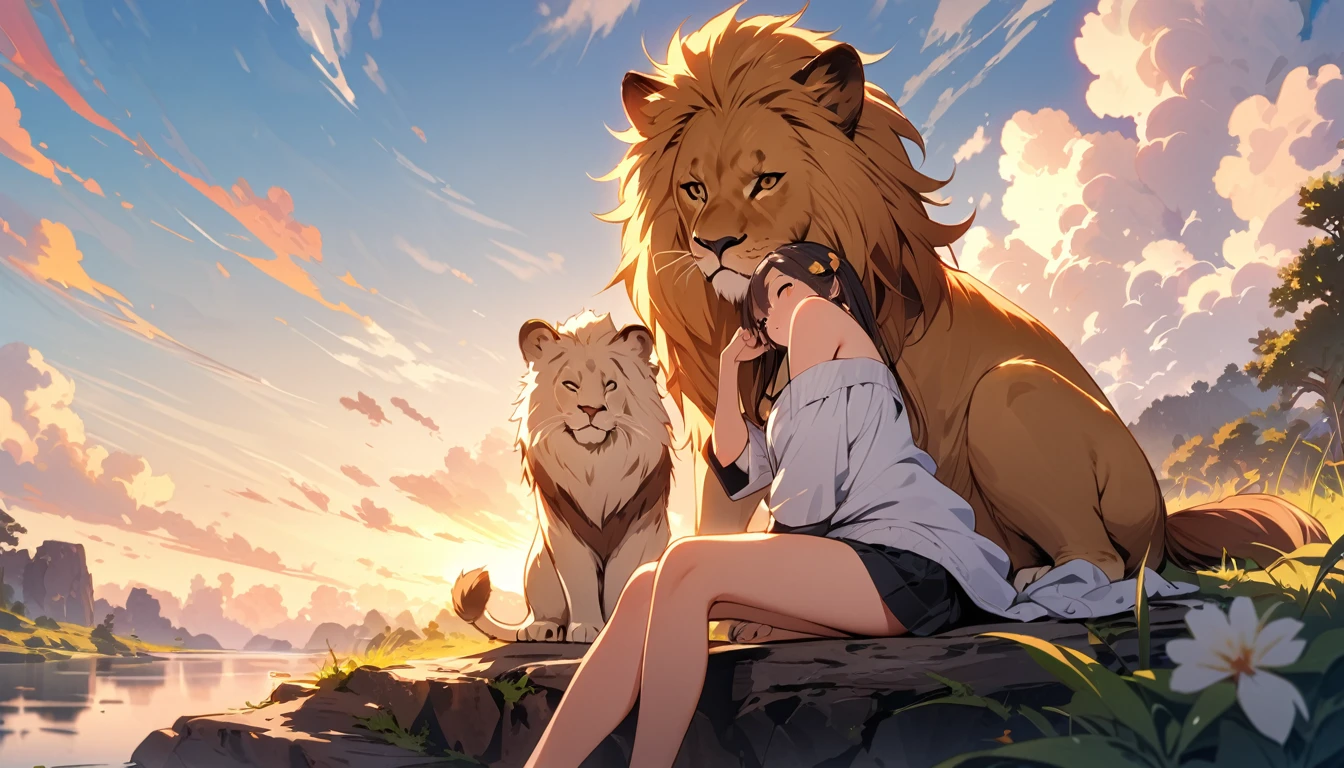 A cute lion in the center,relax,Highest quality,masterpiece,Natural scenery