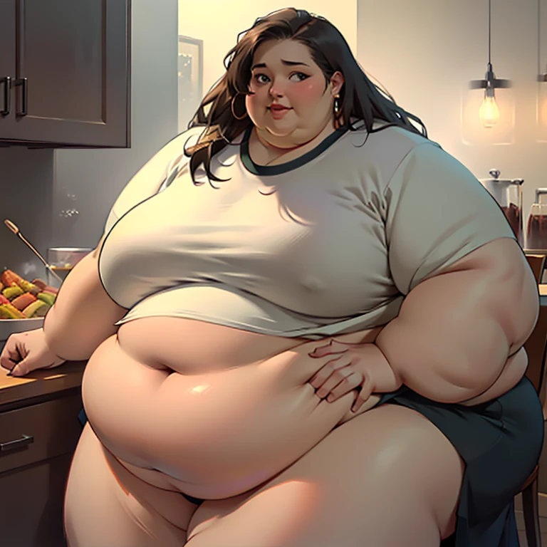 (masterpiece, detailed, realistic:1.2), high aesthetic, beautiful young woman, USSBBW, (morbidly obese, fatblob:1.5), rich, shy expression, surrounded by food, expensive jewelry