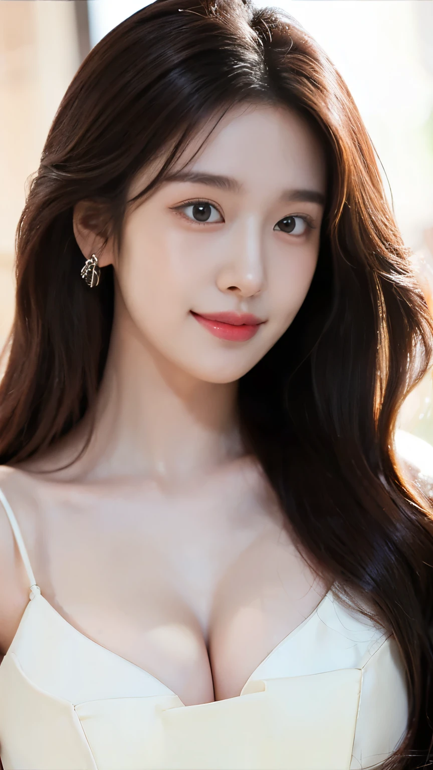 best quality,8k, Detailed facial depictions, Detailed eye description, seducing expression, mouth open, cute face, Brown hair(long wavyhair),beautiful korean girl, 21 years old, High fashioned dress, bare-breasted, slim body, medium chest size, posing for camera, Smiling face, Colorful earrings,