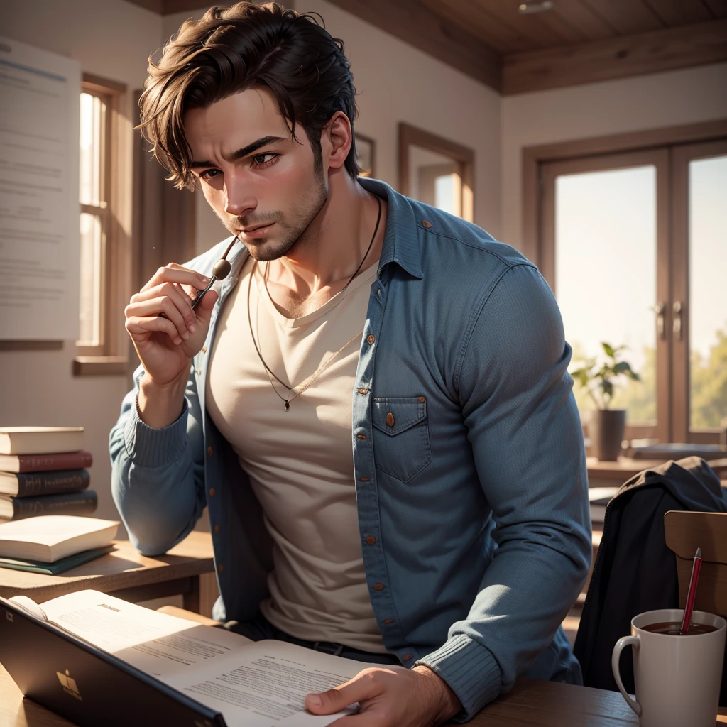 The personal effects on the table next to the bed suggest that he is an organized and disciplined person, with books, pens and notes in order. The collarbone highlighted by the soft lighting suggests a slender and healthy figure, with an upright and confident posture. His nimble fingers on the notebook keyboard reveal a technical skill and a sharp mind, focused on what he's doing. It is an engaging and inspiring scene, which leads us to think about the importance of dedicating oneself to an activity with passion and commitment, even in moments of tranquility and introspection.man alone, with black skin, short hair short beard beautiful details of hand perfect eyes, fleshy lips realistic image, with realistic details