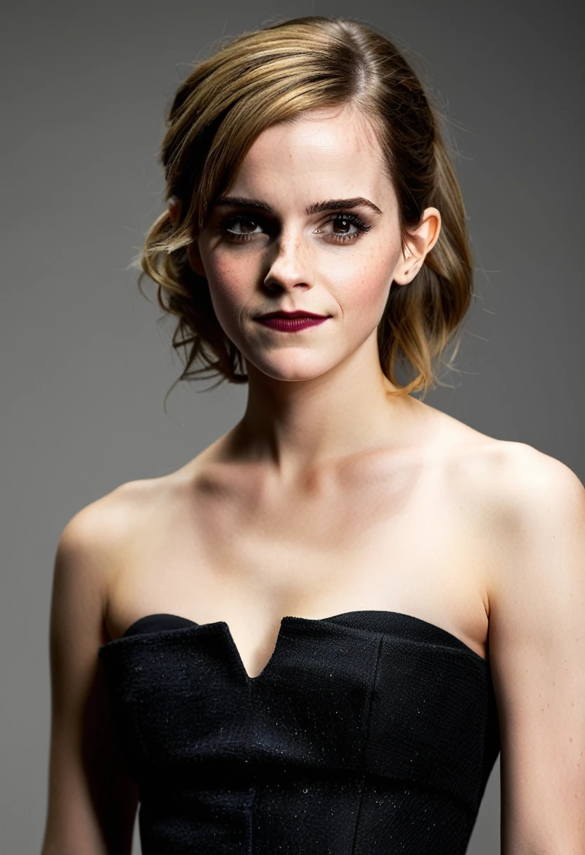 Emma watson, nude, queen, fully body, blonde hair, bangs hairstyle, pale skin, high detail, highly detailed,  blank background, black fingernails on fingers, black lipstick, smirk
