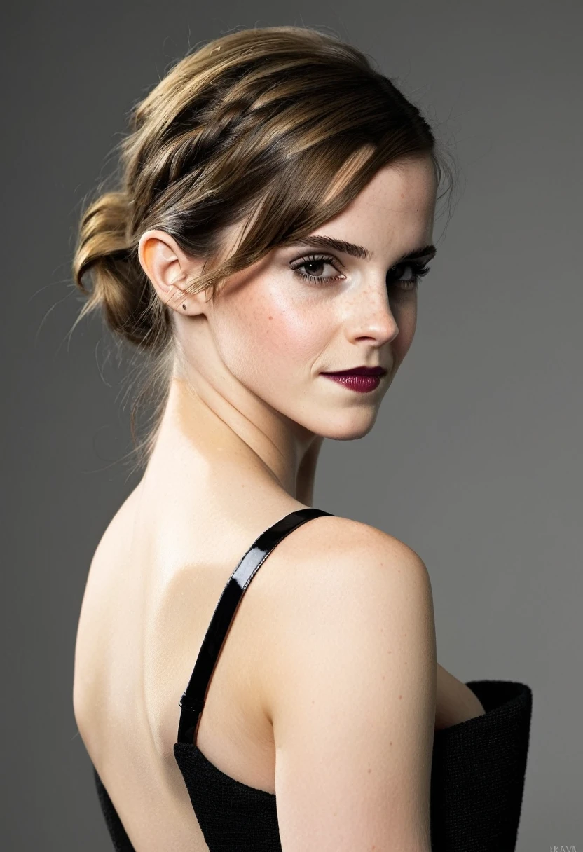 Emma watson, nude, queen, fully body, blonde hair, bangs hairstyle, pale skin, high detail, highly detailed,  blank background, black fingernails on fingers, black lipstick, smirk
