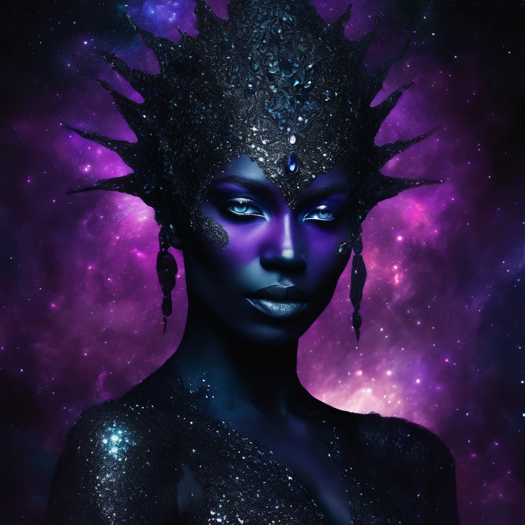 ((This is a dark masterpiece with deep shadows.)) Generate a female dark divine being with ((pure black galaxy skin)). Her face is onyx black but still detailed and stunning. (Her face is important and has realistic shading and puffy lips). Her (opaque) eyes are luminous and shimmering in hues of purples and blues. This image is compelling with dynamic composition and energetic posing. Include many fantasy details such as bumps, phantasmal iridescence, glitter, galaxy, cosmos, ((dark celestialskin body, void cosmic body)), (((dark background))), (((lights off))), (((hollywood dark))), horror, dramatic shadows, (in a dark fantasy space:1.3, glitter, sparkle, gleam) vector digital illustration, (black background:1.5) 