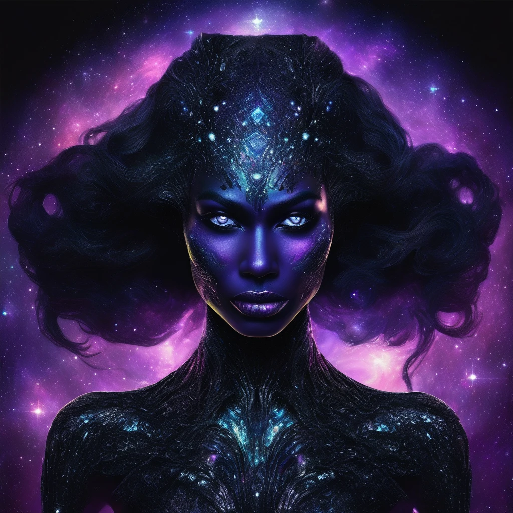 ((This is a dark masterpiece with deep shadows.)) Generate a female dark divine being with ((pure black galaxy skin)). Her face is onyx black but still detailed and stunning. (Her face is important and has realistic shading and puffy lips). Her (opaque) eyes are luminous and shimmering in hues of purples and blues. This image is compelling with dynamic composition and energetic posing. Include many fantasy details such as bumps, phantasmal iridescence, glitter, galaxy, cosmos, ((dark celestialskin body, void cosmic body)), (((dark background))), (((lights off))), (((hollywood dark))), horror, dramatic shadows, (in a dark fantasy space:1.3, glitter, sparkle, gleam) vector digital illustration, (black background:1.5) 