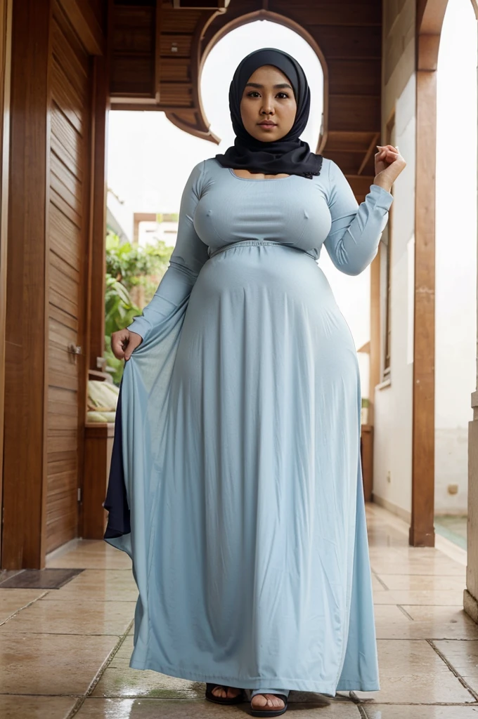 Beautiful hijabi Malay woman wearing gamis (curvy) (big rounded ass) (big rounded breast) (breast out) (fit gamis)