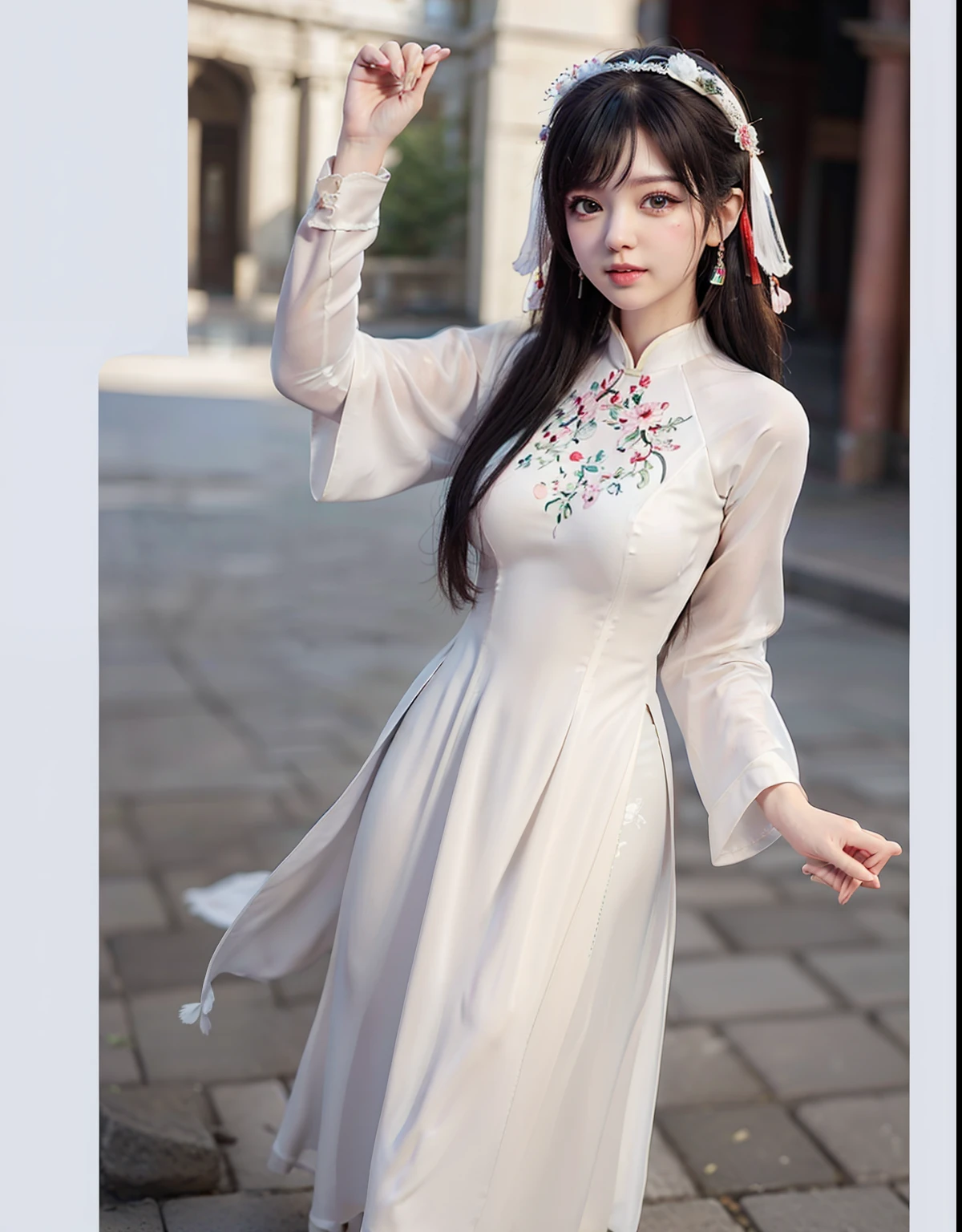 (8k, RAW photo:1.2), best quality, ultra high res,dramatic angle,(fluttered detailed color splashs), (illustration),(((1 girl))),(long hair),(rain:0.9), (Headdress:1.4),There is an ancient palace beside the girl,Hanfu,(Key Points),Color ink painting,(Splash of Color),Splash of Color,(((colorful))),(sketch:0.8) , Masterpiece, best quality, beautiful painted, highly detailed,(denoising:0.6),[splash ink],((ink refraction)), (beautiful detailed sky),moon,highly,detaild,(masterpiece, best quality, extremely detailed） CG Unity 8k Wallpaper，masterpiece，best quality，Ultra Detailed），（Lycoris）. qipao open V-chested clothes Thin silk lace dress short skirt , (huge ，cleavage),, white pink, blue ，best qualtiy，tmasterpiece，Ultra-high resolution，（Reality：1.4），RAW photogr，（True skin texture：1.3），（filmgrain：1.3），（Selfie angle），1个Giant Breast Girl，Beautiful eye and face details，tmasterpiece，Best quality at best，，The chest more exposed， detailed hair, bra pink , detail 8k, full body, lace petticoat, fan handle