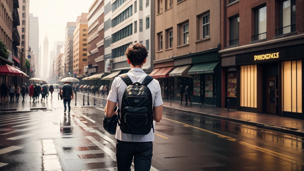 man in the city with backpack catching rain, in the middle of the street