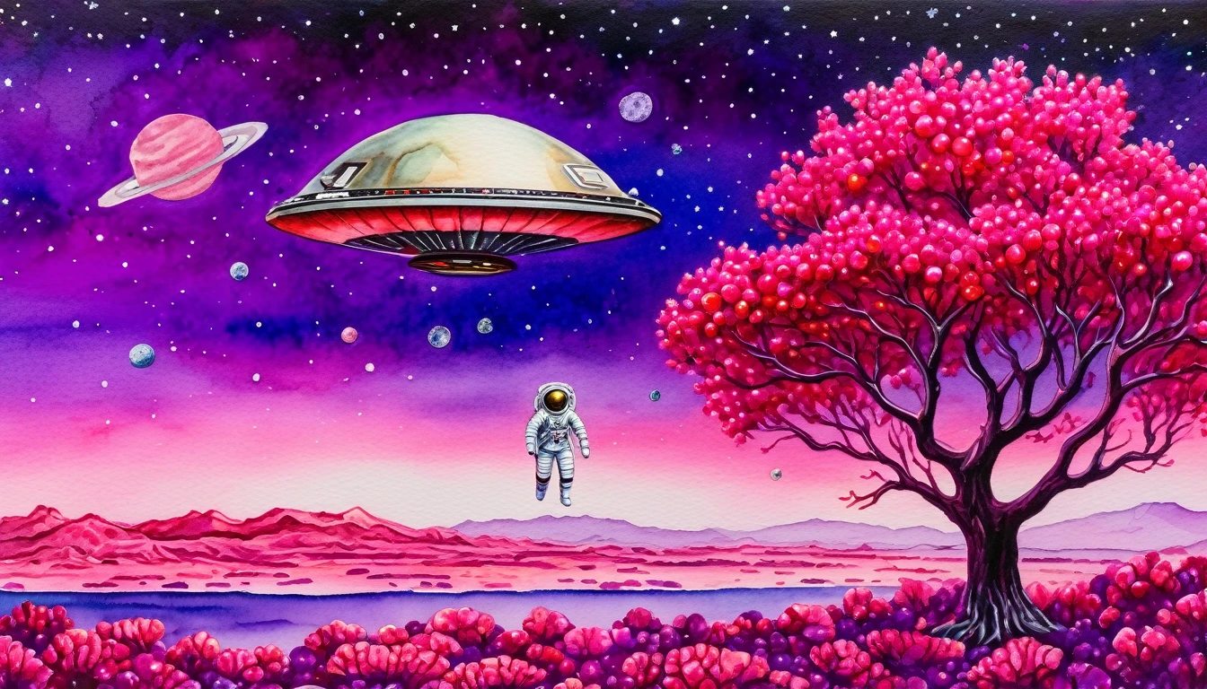 [front view] ((an astronaut)), apples on an alien planet among local coral trees made of precious rubies, a flying saucer against a purple sky (by Vincent-Di-Fate), fresh watercolor palette canvas/acrylic, intricate, extreme detail, complex key, ((single shot)), ((best quality)), ((masterpiece)), ((realistic)), 8k