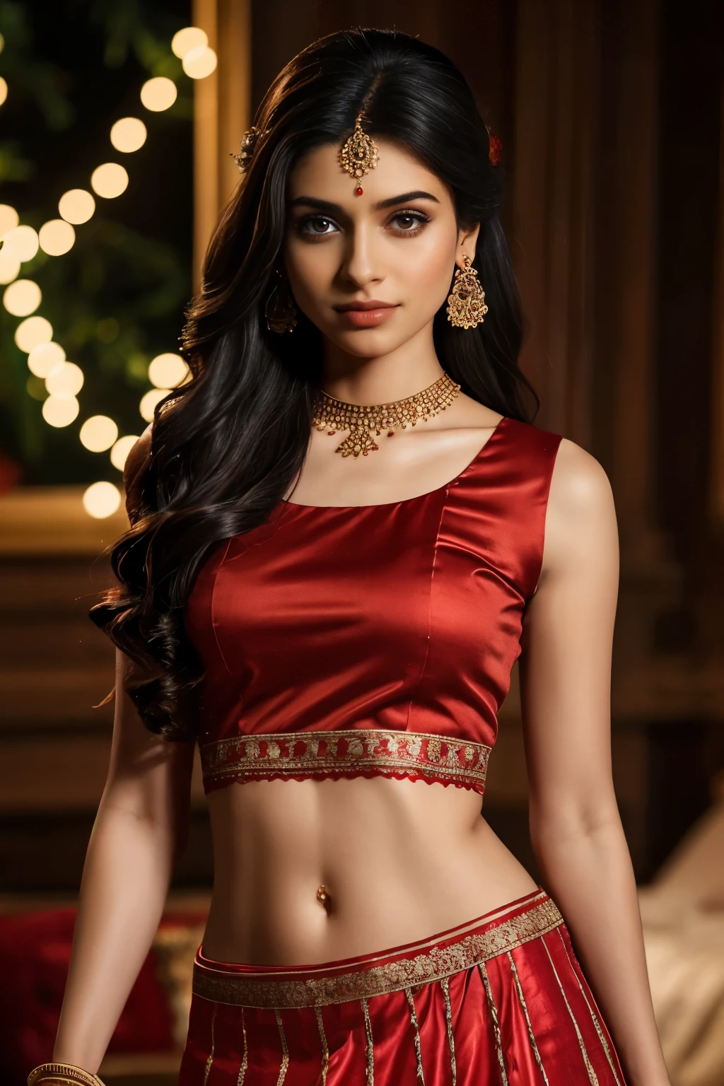 4K, UHD, masterpeice, indian girl, romantic face, detailed eyes, detailed lips, very long hair, straight hair, very long hair, beautiful hair, hair ornaments, hairband, gradient hair, ((red black tanktop)), ((bridal lehenga)), ((decorated blouse)), sardine, (( lehenga)), ((lace)), ornaments, necklace, earring, high lighting, ((bare stomach)), wedding stage, fujicolor, depth of field, ray tracing, ultra realistic detail,