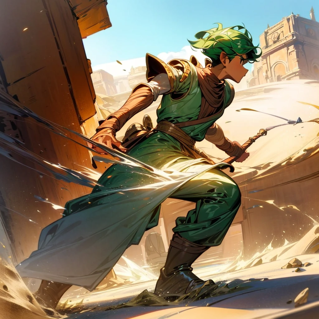 1boy, Full body version, 1character, (sand wanderer), brown eyes color, dark skin, (Curly cut hairstyle), small eyes type, green colour hair, doctor ancient roman clothing style, white color clothing, dark green robe, Ancient roman boots, armor vest, sands in two hand, Grassroots background in desert, (battle, battle gesture, battle poses, view character on small, He a sand wanderer, he controls sand with his hands, he fights enemies with sand, enemies, bandits, Fighting, intense battles, fighting in desert, Dynamic Pose, Motion Blur, emphasis lines, sparks, plasma, aura)
