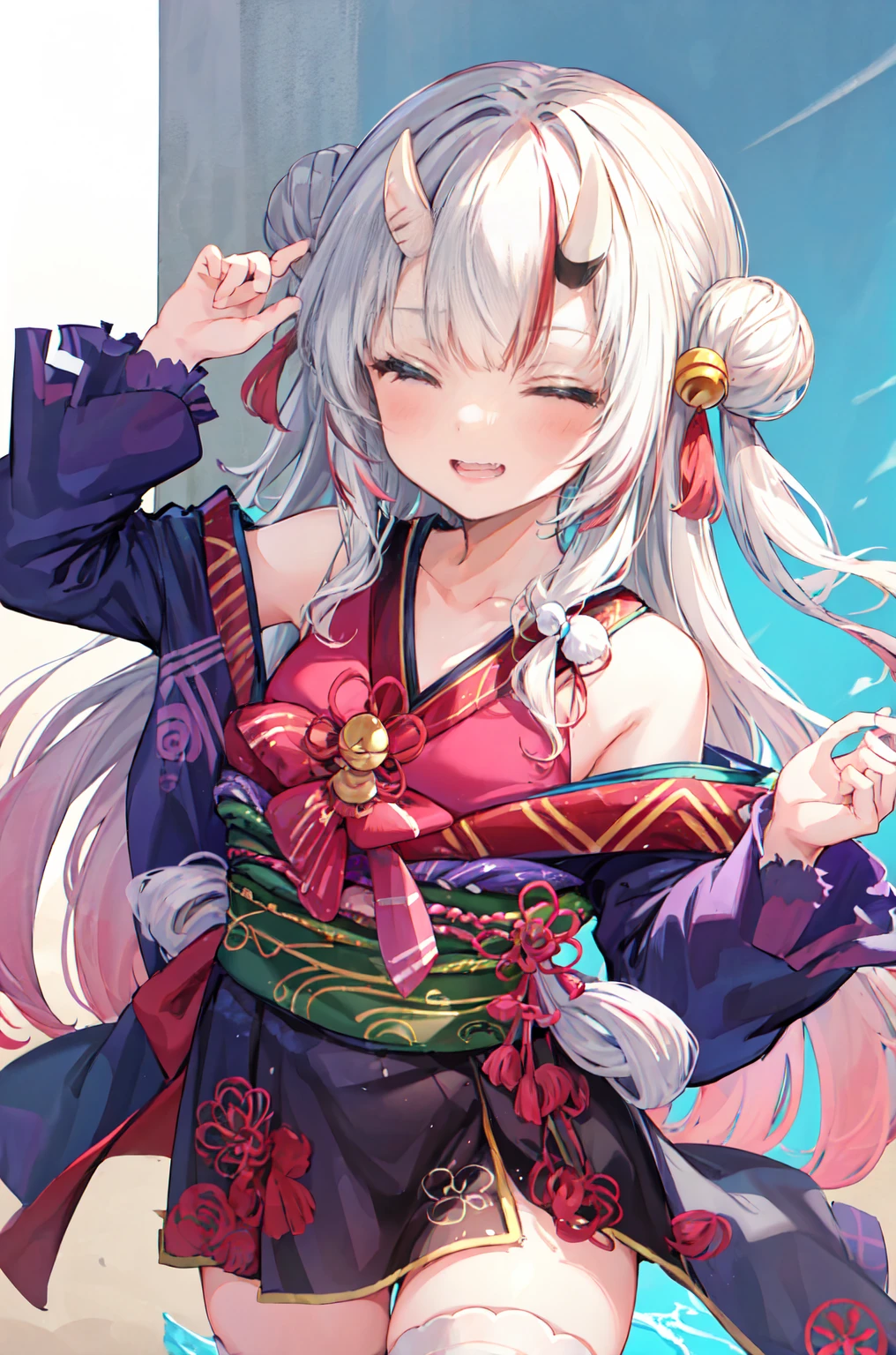 girl, 独奏,big, masterpiece, Highest quality, smile、Close-up of face、A big smile、Close your eyes and laugh、Nakiri Ayame, long hair, double bun, AyameBase, black kimono, hair bell, obi, white thighhighs, bare shoulders, long sleeves