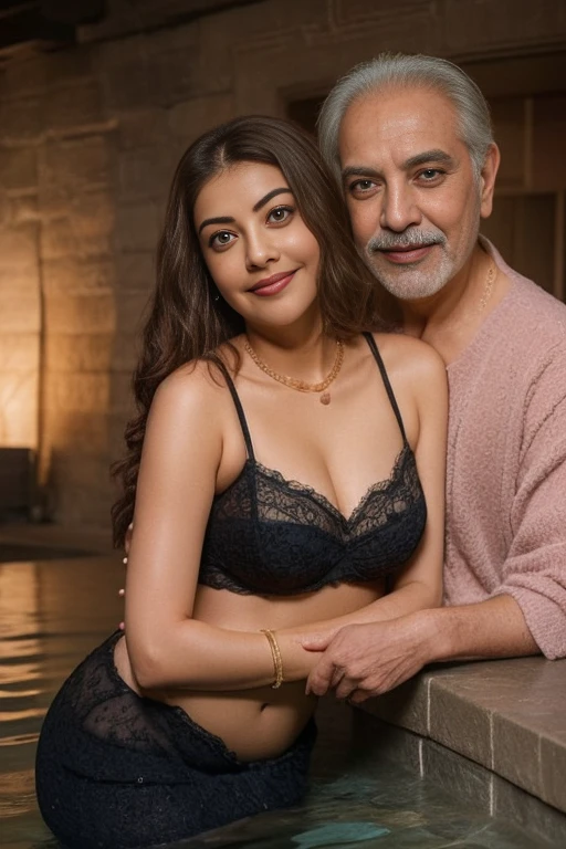 Day scene,kajal and Oldman, Indian black old man, couple pose, a Oldman and kajal in under the water fall, black lace bra and saree, detailed old man, old man gripping kajal waist,big cheeks, curvy, Hollywood lips, wet navel, deep cleavage, necklace, erotic face, 36 yo, ponytail, look at viewer and smile, (cinematic:1.3), intricate details, (ArtStation:1.2),Oldman and beautiful girl posing to viewers, detailed Oldman, old man waist gripping,