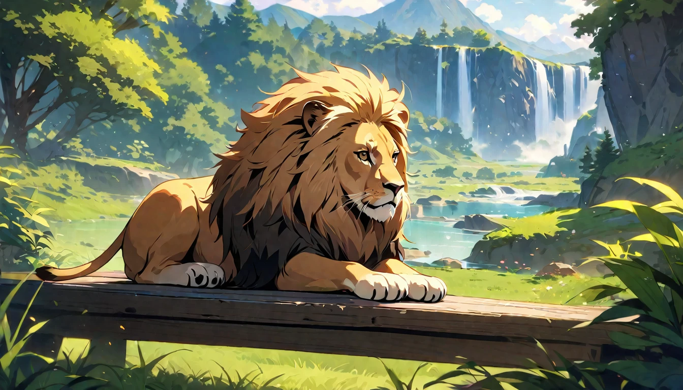 A cute lion in the center，relax，Highest quality，masterpiece，Natural scenery，There is no one here