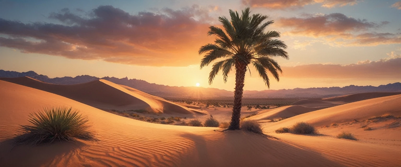 a lone palm tree in an arid desert, orange sky, undulating sand dunes, scorching sun, detailed landscape, (best quality,4k,8k,highres,masterpiece:1.2),ultra-detailed,(realistic,photorealistic,photo-realistic:1.37),cinematic lighting,vibrant colors,serene atmosphere,desert,sand,landscape,photo,colorful,dramatic,beautiful,tranquil