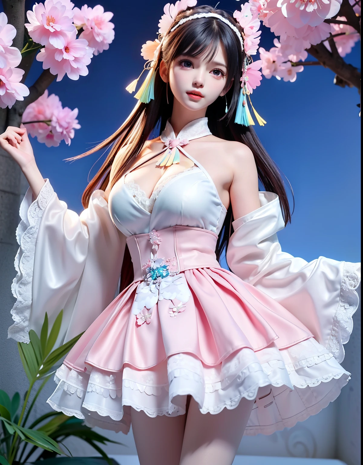 (8k, RAW photo:1.2), best quality, ultra high res,dramatic angle,(fluttered detailed color splashs), (illustration),(((1 girl))),(long hair),(rain:0.9), (Headdress:1.4),There is an ancient palace beside the girl,Hanfu,(Key Points),Color ink painting,(Splash of Color),Splash of Color,(((colorful))),(sketch:0.8) , Masterpiece, best quality, beautiful painted, highly detailed,(denoising:0.6),[splash ink],((ink refraction)), (beautiful detailed sky),moon,highly,detaild,(masterpiece, best quality, extremely detailed） CG Unity 8k Wallpaper，masterpiece，best quality，Ultra Detailed），（Lycoris）.shoulder ballet dress open V-chested clothes Thin silk lace dress short skirt , (huge ，cleavage),, white pink, blue ，best qualtiy，tmasterpiece，Ultra-high resolution，（Reality：1.4），RAW photogr，（True skin texture：1.3），（filmgrain：1.3），（Selfie angle），1个Giant Breast Girl，Beautiful eye and face details，tmasterpiece，Best quality at best，，The chest more exposed， detailed hair, bra pink purple , detail 8k, full body, lace petticoat, fan handle