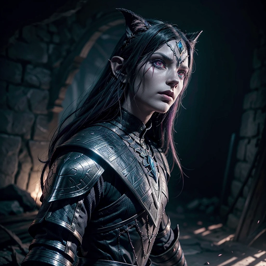 A dunmer wearing ebony mail, intricate ebony armor, glowing red eyes, long white hair, striking a powerful pose, dark fantasy, cinematic lighting, dramatic shadows, highly detailed, unreal engine, matte painting style, moody colors, deep shades of blue, purple and black