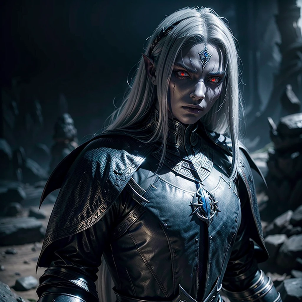 A dunmer wearing ebony mail, intricate ebony armor, glowing red eyes, long white hair, striking a powerful pose, dark fantasy, cinematic lighting, dramatic shadows, highly detailed, unreal engine, matte painting style, moody colors, deep shades of blue, purple and black