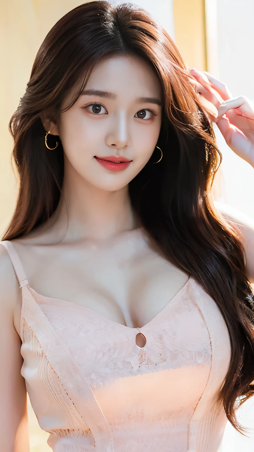 best quality,8k, Detailed facial depictions, Detailed eye description, seducing expression, mouth open, cute face, Brown hair(long wavyhair),beautiful korean girl, 21 years old, High fashioned dress, bare-breasted, slim body, medium chest size, posing for camera, Smiling face, Colorful earrings,