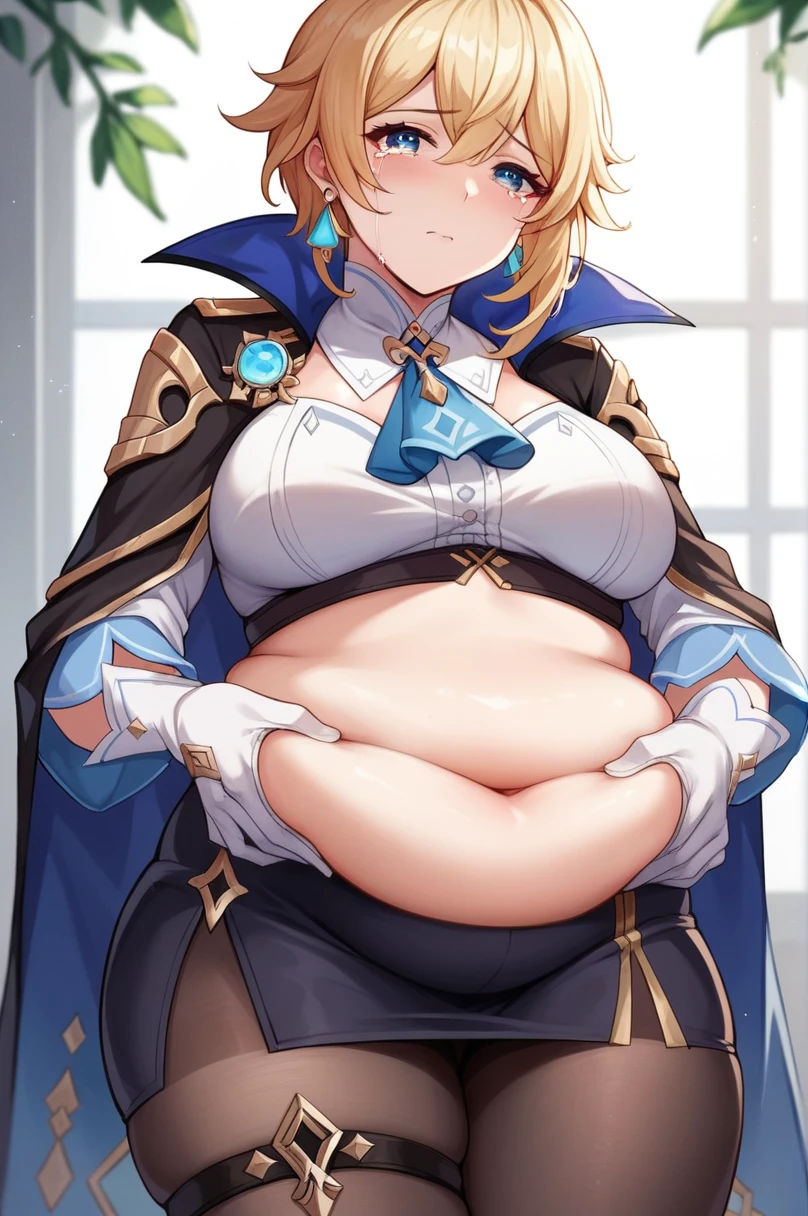 score_9, score_8_up, score_7_up, source anime, 1girl, clorinde \(genshin impact\), tricorne, black pantyhose, earrings, blue cape, white gloves, pencil skirt, white shirt, thigh strap, underbust, ascot, black jacket, depth of field, cowboy shot, sad, crying, looking at viewer, (chubby), chubby belly, fat rolls, belly hang, holding her belly,