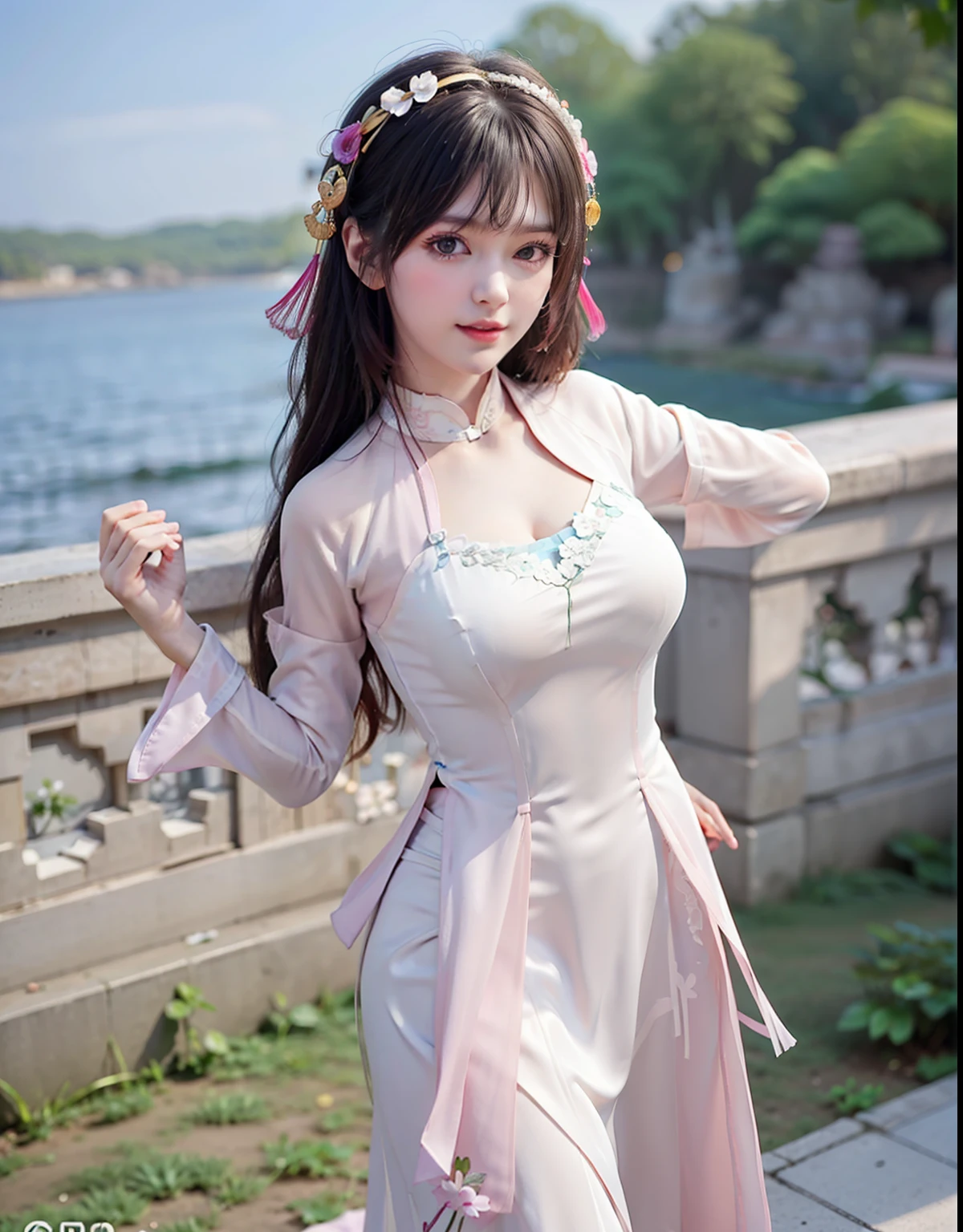 (8k, RAW photo:1.2), best quality, ultra high res,dramatic angle,(fluttered detailed color splashs), (illustration),(((1 girl))),(long hair),(rain:0.9), (Headdress:1.4),There is an ancient palace beside the girl,Hanfu,(Key Points),Color ink painting,(Splash of Color),Splash of Color,(((colorful))),(sketch:0.8) , Masterpiece, best quality, beautiful painted, highly detailed,(denoising:0.6),[splash ink],((ink refraction)), (beautiful detailed sky),moon,highly,detaild,(masterpiece, best quality, extremely detailed） CG Unity 8k Wallpaper，masterpiece，best quality，Ultra Detailed），（Lycoris）. qipao open V-chested clothes Thin silk lace dress short skirt , (huge ，cleavage),, white pink, blue ，best qualtiy，tmasterpiece，Ultra-high resolution，（Reality：1.4），RAW photogr，（True skin texture：1.3），（filmgrain：1.3），（Selfie angle），1个Giant Breast Girl，Beautiful eye and face details，tmasterpiece，Best quality at best，，The chest more exposed， detailed hair, bra pink , detail 8k, full body, lace petticoat, fan handle