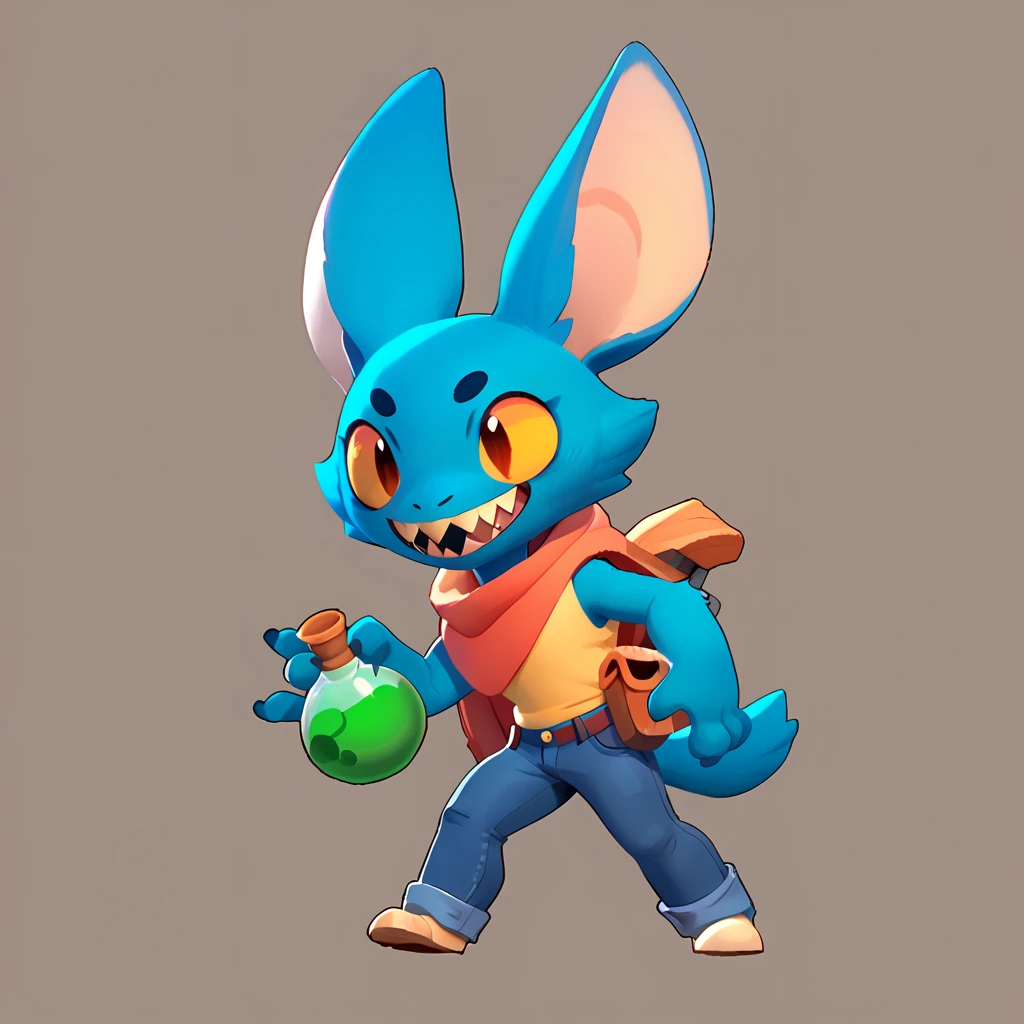 a round creature with blue fur, long ears, smiling, sharp teeth, wearing jeans, friendly round creature, holding a green potion in his hand