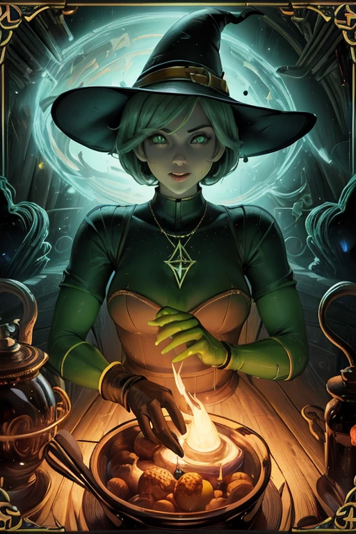 Trading card of A perfect photorealistic(RENDER512:1.1) of a cheerful witch in a cone-shaped hat, (green eyes:1.2), red hair, (green elbow-length gloves:1.2), potions shop, magical interior, working environment, there are magical vibes fluids and magical sparks in the air, Eszter Mattioni, digital art in the jaw dropping of (goosebumps art by tim jacobus:1.43):(3D BEEPLE STYLE:0.333) BY(Dr.Suess, ALEX GREY)! 8 k, 32 k, HDR, foodphoto, conceptual art