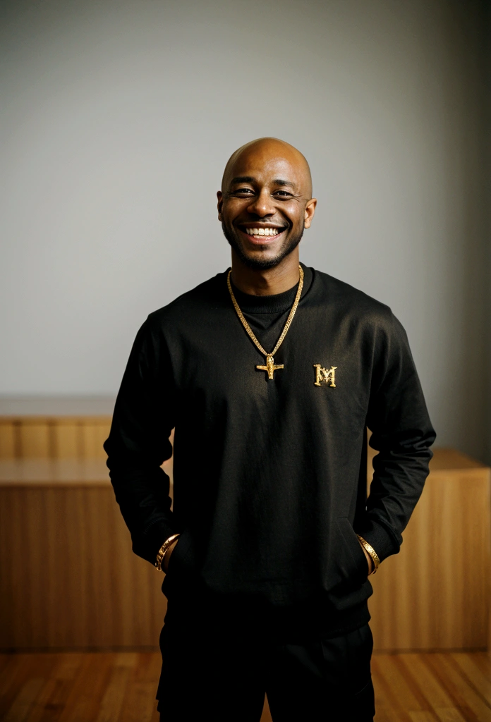 bald black man hip hop executive ((smiling with gold tooth)) in large conference room.
