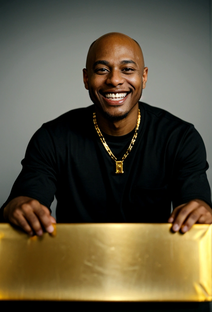 bald black man hip hop executive ((smiling with gold tooth)) in large conference room.