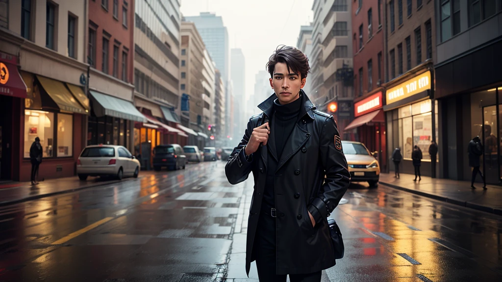man in the city with backpack, trench coat, bone, catching rain, in the middle of the street, looking straight ahead