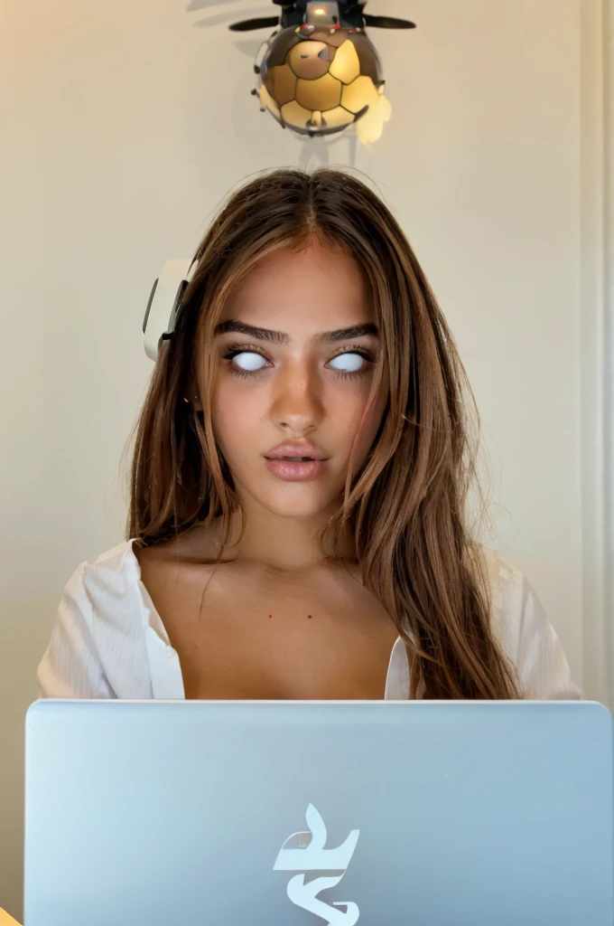 greek girl with Rapunzel Hair, Hourglass figure, fixated by a laptop screen she is unable to look away from it, blank White eyes, mind control machine on her head
