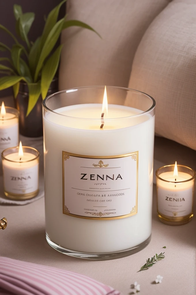 An image of an advertisement that attracts attention and is creative with an image that brings tranquility and has white colors on the bottle, golden lettering and lilac and pink details on therapeutic aromatic candles that relieve pain and improve sleep with a good vibe and the name ZenSana