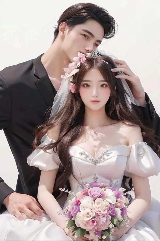anime couple in wedding dress with flowers in hair and groom, romanticism, lovely couple,
