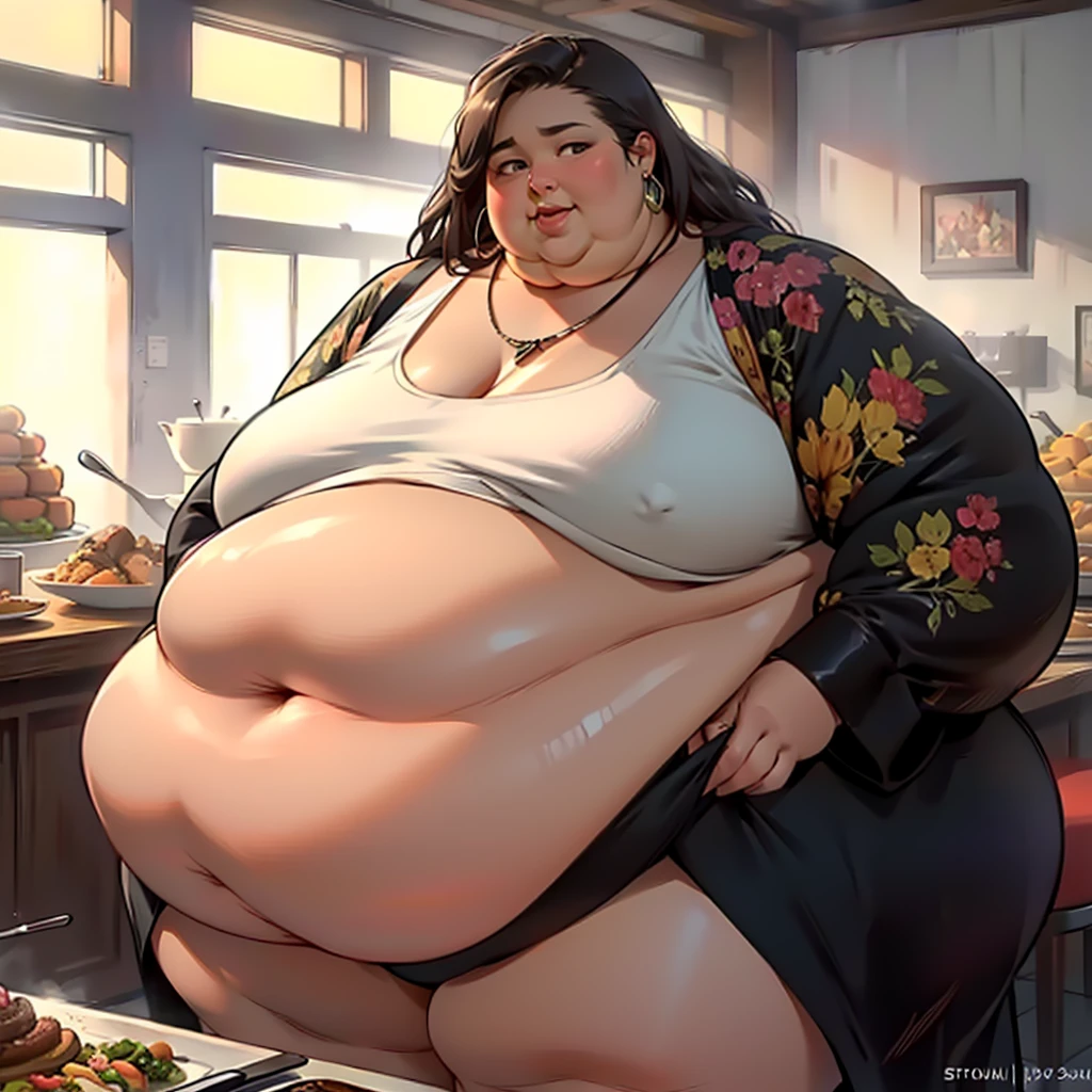 (masterpiece, detailed, realistic:1.2), high aesthetic, beautiful young woman, USSBBW, (morbidly obese, fatblob:1.4), rich, shy expression, surrounded by food, expensive jewelry