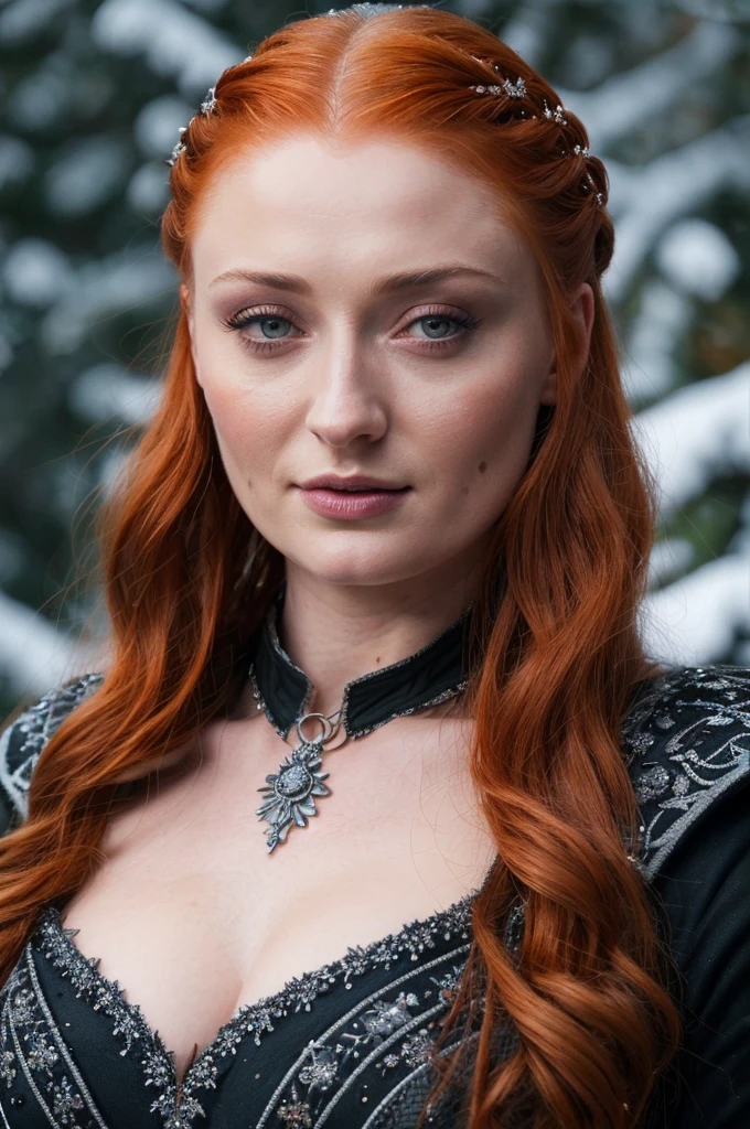 Face of Sophie Turner, Sansa Stark played by Sophie Turner, the de facto Lady of the Eyrie, is a 45-year-old mature queen with a stunning, alluring appearance. Full Face, Full figured woman, heavy physique, thick thighs, pierced eyes, reddish lips, upper body shot, erotic Mediaeval costumes, game of thrones costumes, She wears a Game of Thrones-inspired costume and has a deep cleavage, a perfect thick body, and a perfect thick figure. The photograph captures her in a close-up, with her skin texture and facial features being ultra-realistic and realistic. Juicy thick figure, high quality skin, Skin pores, amazing details, snow, snow flakes, semi realistic, extremely detailed eyes, dark moody orange and black settings, cool environment, artificial intelligence, winter, winter scene, insane details,