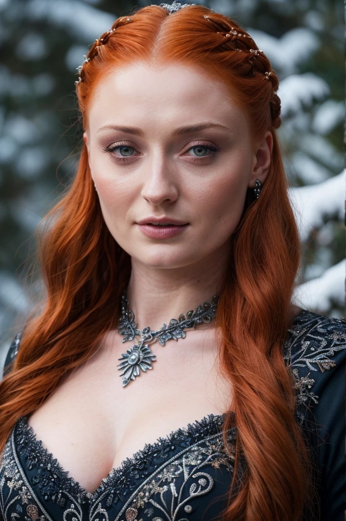 Face of Sophie Turner, Sansa Stark played by Sophie Turner, the de facto Lady of the Eyrie, is a 45-year-old mature queen with a stunning, alluring appearance. Full Face, Full figured woman, heavy physique, thick thighs, pierced eyes, reddish lips, upper body shot, erotic Mediaeval costumes, game of thrones costumes, She wears a Game of Thrones-inspired costume and has a deep cleavage, a perfect thick body, and a perfect thick figure. The photograph captures her in a close-up, with her skin texture and facial features being ultra-realistic and realistic. Juicy thick figure, high quality skin, Skin pores, amazing details, snow, snow flakes, semi realistic, extremely detailed eyes, dark moody orange and black settings, cool environment, artificial intelligence, winter, winter scene, insane details, 