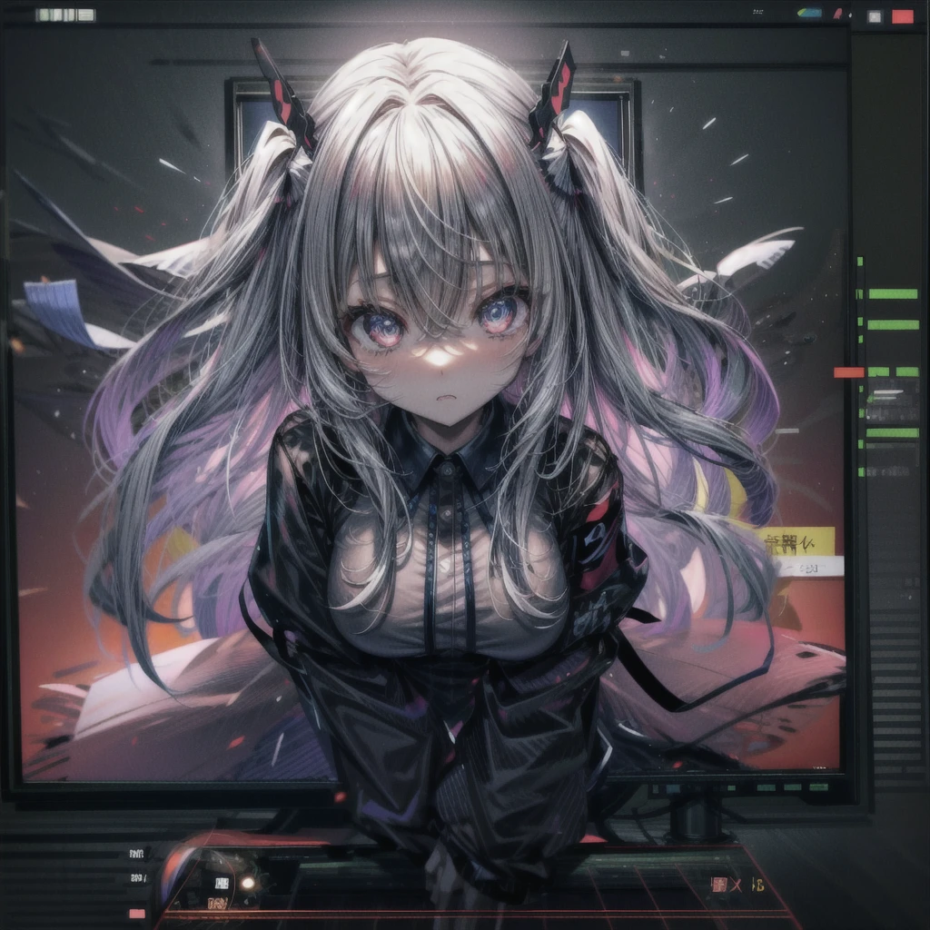 through screen, stuck, monitor,  1girl, breasts,  solo,メカ娘、looking at viewer, hair between eyes, shirt, very long hair, bangs, , long sleeves, upper body, virtual youtuber,