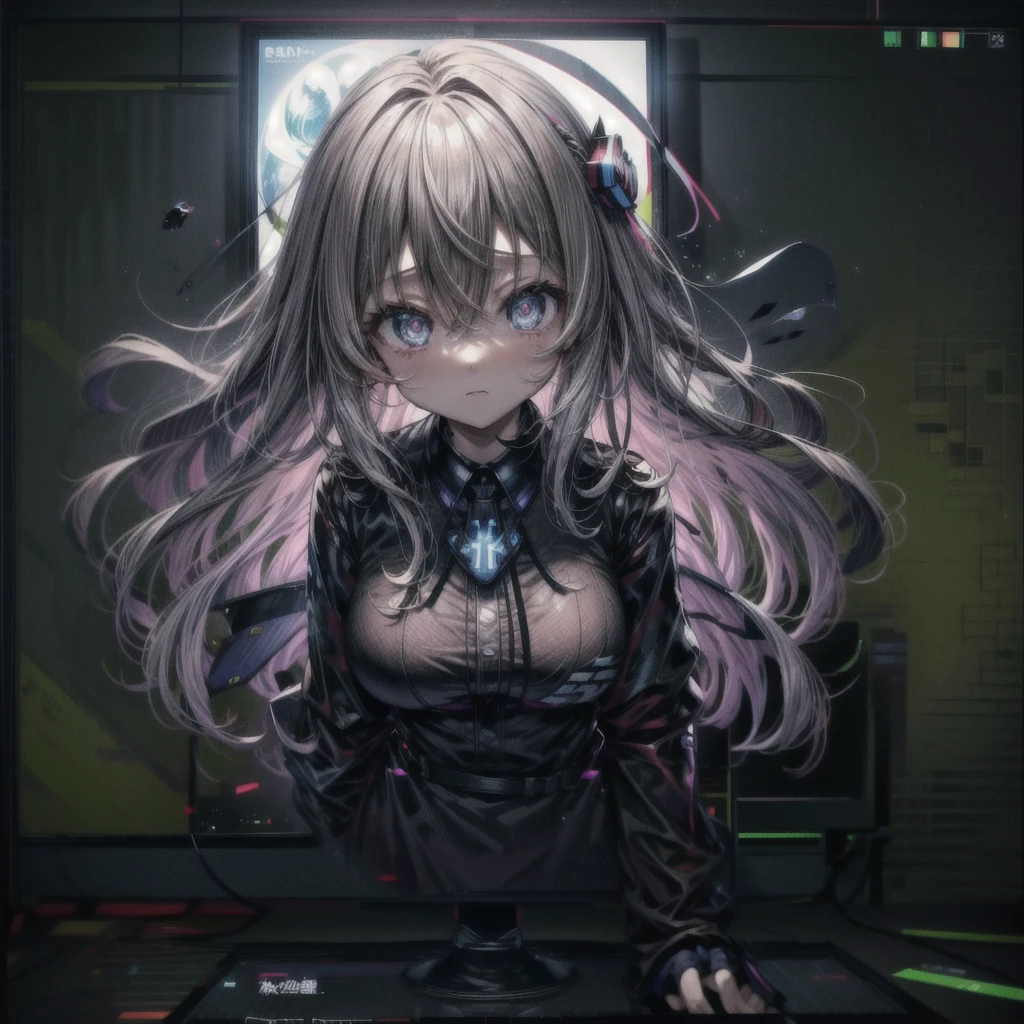 through screen, stuck, monitor,  1girl, breasts,  solo,メカ娘、looking at viewer, hair between eyes, shirt, very long hair, bangs, , long sleeves, upper body, virtual youtuber,