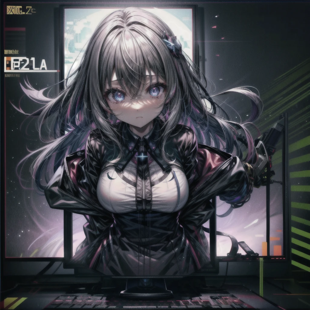 through screen, stuck, monitor,  1girl, breasts,  solo,メカ娘、looking at viewer, hair between eyes, shirt, very long hair, bangs, , long sleeves, upper body, virtual youtuber,