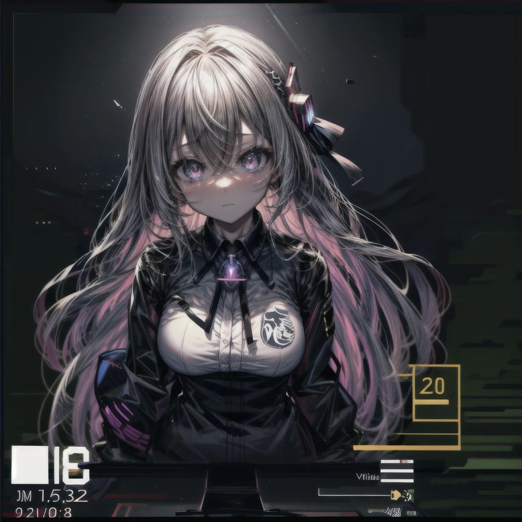 through screen, stuck, monitor,  1girl, breasts,  solo,メカ娘、looking at viewer, hair between eyes, shirt, very long hair, bangs, , long sleeves, upper body, virtual youtuber,